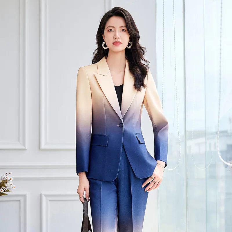 HIGH STREET Newest Fashion 2024 Designer Suit Set Women's Gradient Color Printed Single Button Blazer Flare Pants Suit