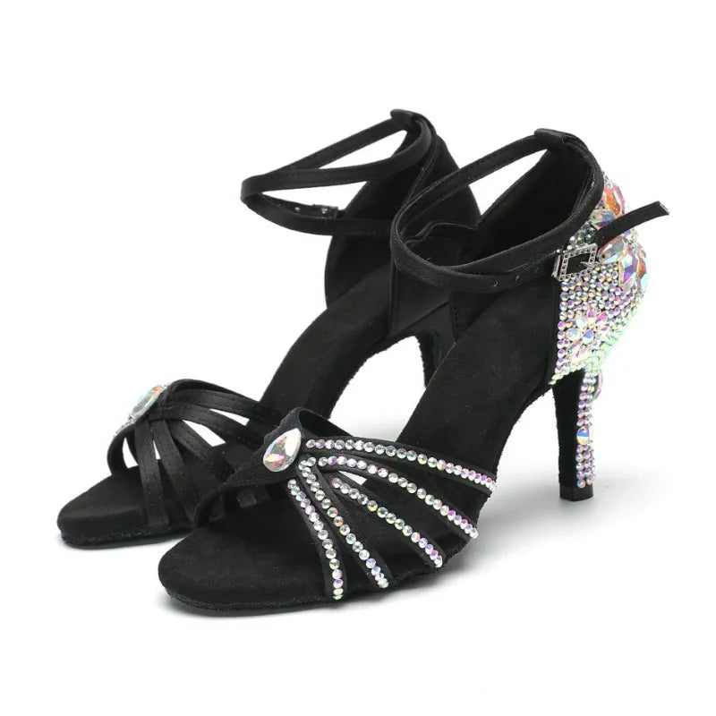 New Diamond Studded Satin High Heels Dance Shoes Fashion Black Brown Crystal Rhinestone Sparkling Latin Dance Performance Shoes
