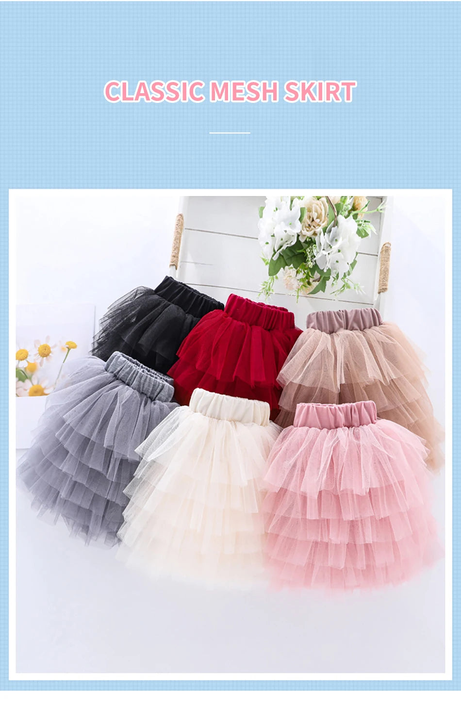 Girls 6-Layer Tulle Skirt Layered Tutu Skirt with Elastic Waist for Casual Party Wear Childrens Fashion Kids Girl Summer Dress