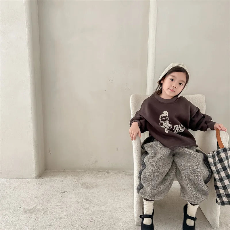 2025 Winter New Children Warm Trousers Baby Loose Lamb Fleece Pants Toddler Girls Casual Pants Solid Baby Boys Harem Pants