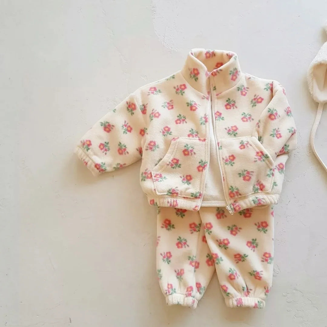 High Collar Floral Shirts Set For Baby Boy And Girl Thick Cotton Tops And Pants Monochrome Plus Velvet Warm For Kids Autumn