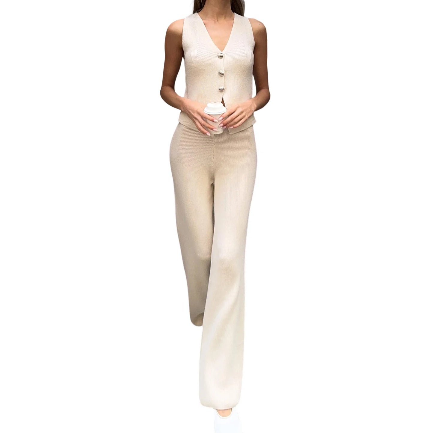 Women s Knitted Sleeveless Vest and Pants Set with Button Closure 2-Piece Summer Outfit for a Stylish Look