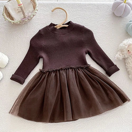 2025 New Autumn European American Style 1-6Yrs Baby Girl Party Dress Long Sleeved Knitted Mesh Splicing Kids Princess Dresses