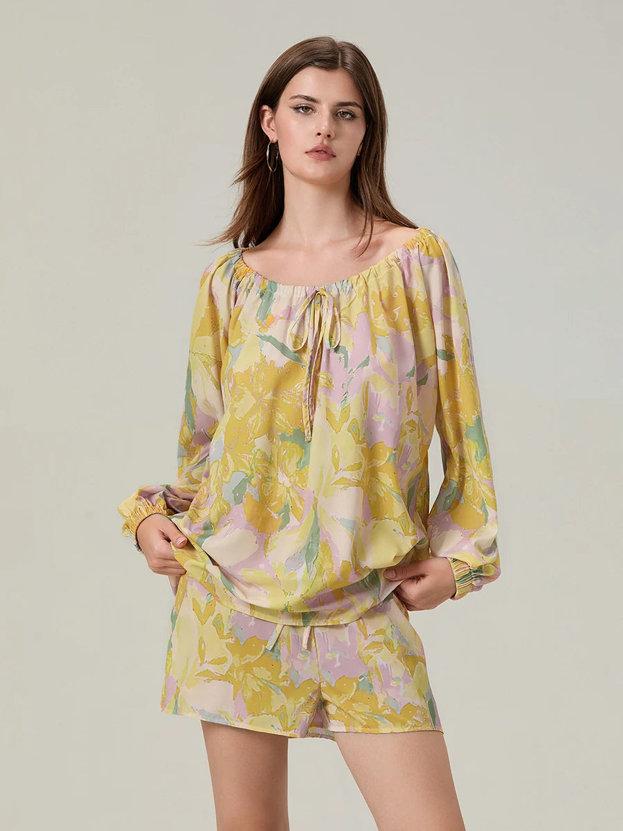 Elegant Floral Ensemble Stylish Long Sleeve Blouse with Tie-up Detail and Elastic Waist Shorts for a Chic Summer Look