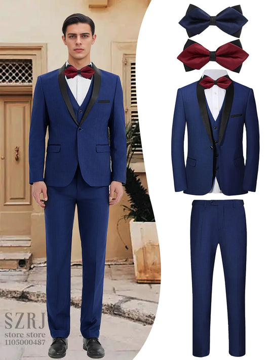 Men's 5-Piece Business Suit Set: Jacket+Vest+Pants+2 Bow Ties (Red+Blue).Premium, Tailored， For Parties, Weddings, Business.