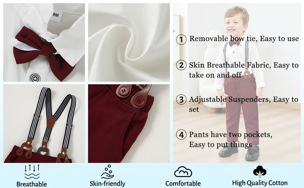 Toddler Boy Suit 5Pcs Formal Gentleman Outfits, Dress Shirt+Bowtie+Jacket+Suspender Pants Wedding Party Clothes Suits