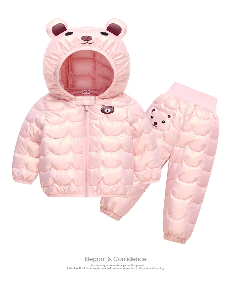 2023 New Children's Winter Set Boys and Girls' Down Coat Cartoon Bear Hooded Coat+Pants Baby Snow Thickened Warm Set 0-5Y
