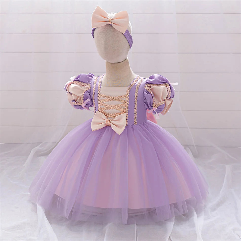 Snow White Rapunzel Sofia Purple Princess Dress Toddler Cosplay Halloween Carnival Party Mesh Gown Girls Birthday Bow Vestidos
