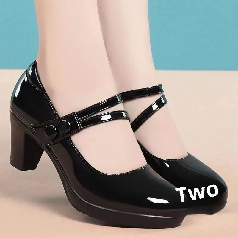 Fall 2025 Women's Low Cut Single Shoes High Heel Buckle Strap Thick Heel Qipao Show Mom Shoes round Toe Rubber Outsole PU Leathe