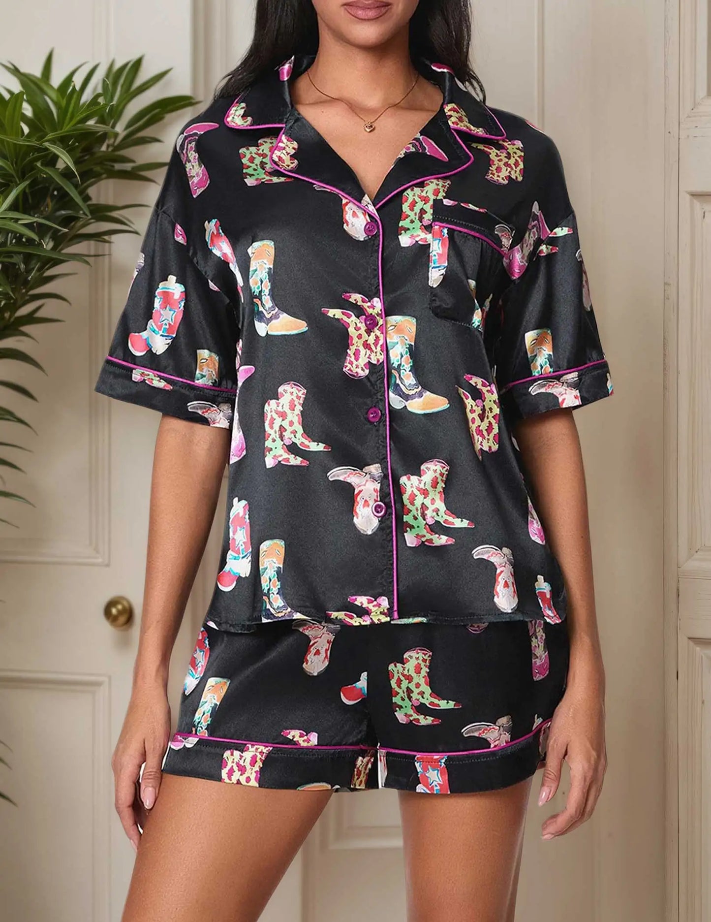 Women 2 Piece Boots Graphic Pajama Set Satin Sleepwear