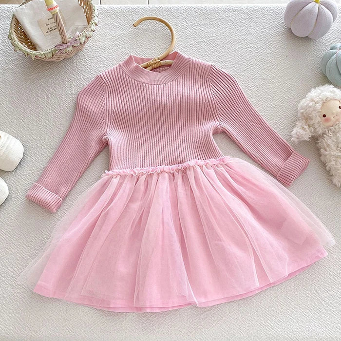 2025 New Autumn European American Style 1-6Yrs Baby Girl Party Dress Long Sleeved Knitted Mesh Splicing Kids Princess Dresses