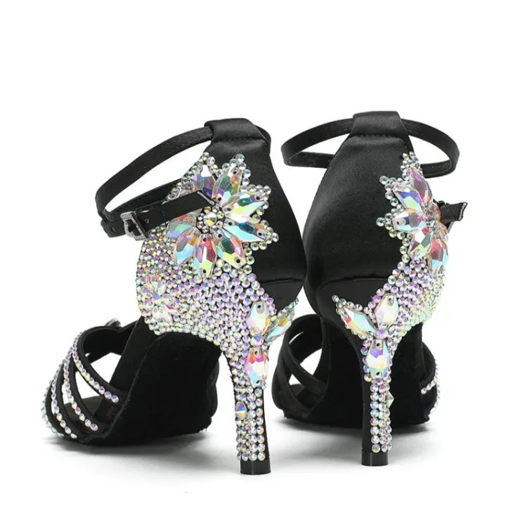 New Diamond Studded Satin High Heels Dance Shoes Fashion Black Brown Crystal Rhinestone Sparkling Latin Dance Performance Shoes