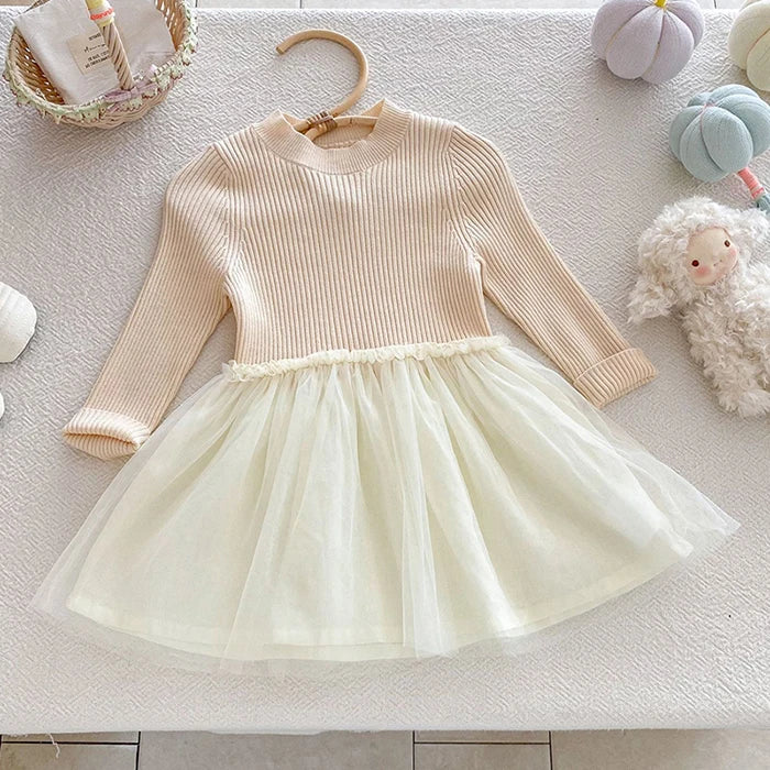 2025 New Autumn European American Style 1-6Yrs Baby Girl Party Dress Long Sleeved Knitted Mesh Splicing Kids Princess Dresses