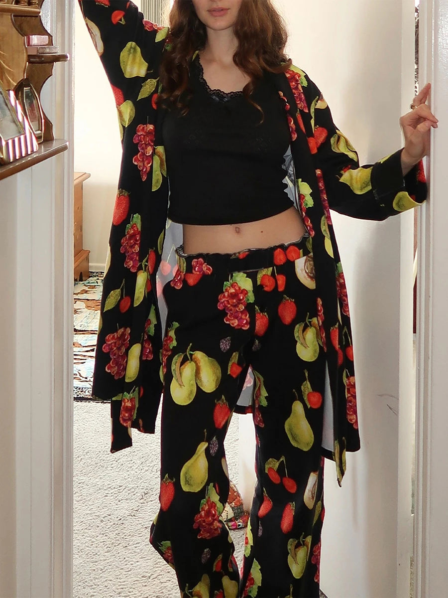 Women’s 2 Piece Weekend Pajama Set Long Sleeve Fruit Cartoon Print Robe Pants Set Loungewear