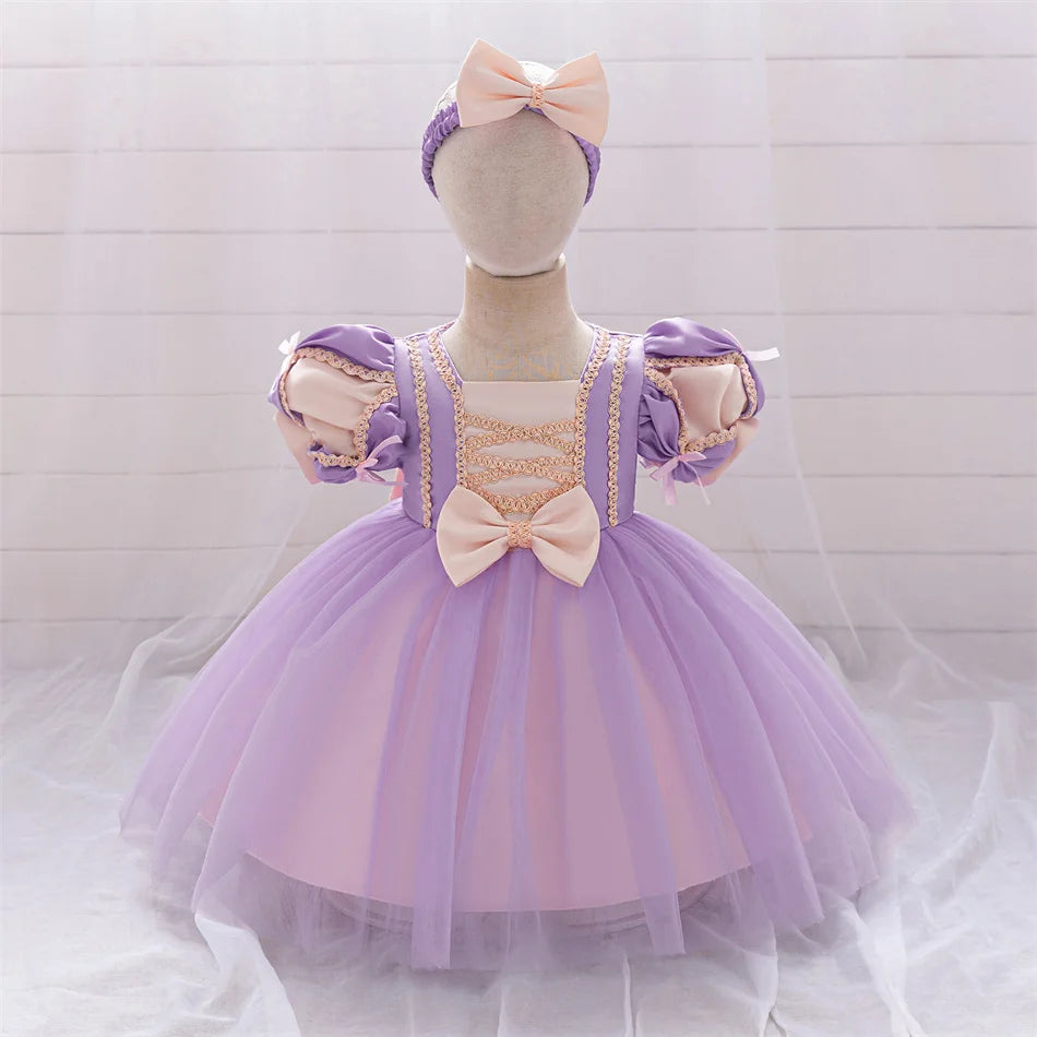 Snow White Rapunzel Sofia Purple Princess Dress Toddler Cosplay Halloween Carnival Party Mesh Gown Girls Birthday Bow Vestidos