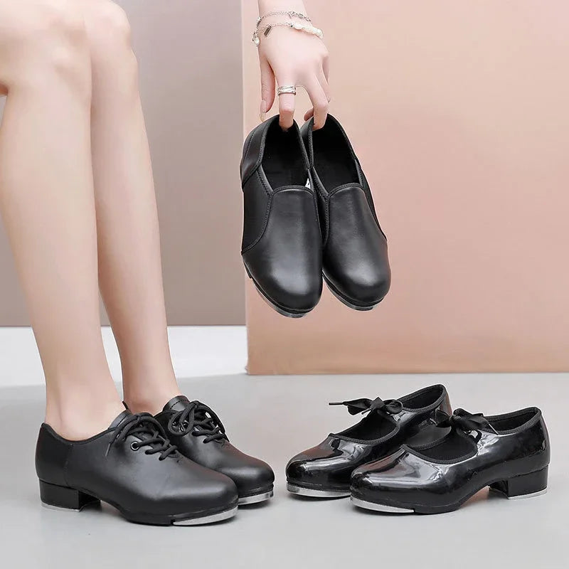 Unisex Elastic Opening Straight Sole Tap Dance Shoes Women Black Imitation Leather Sneakers Step Dance Shoes Children Large Size