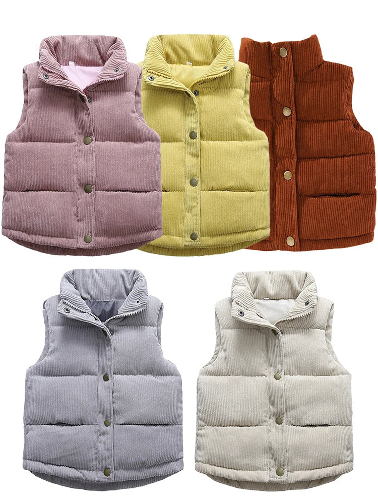 Autumn Winter Boys Girls Cotton Vest Jacket Solid Thick Corduroy Waistcoat For 2-10 Years Kids Birthday Present Child Outwear