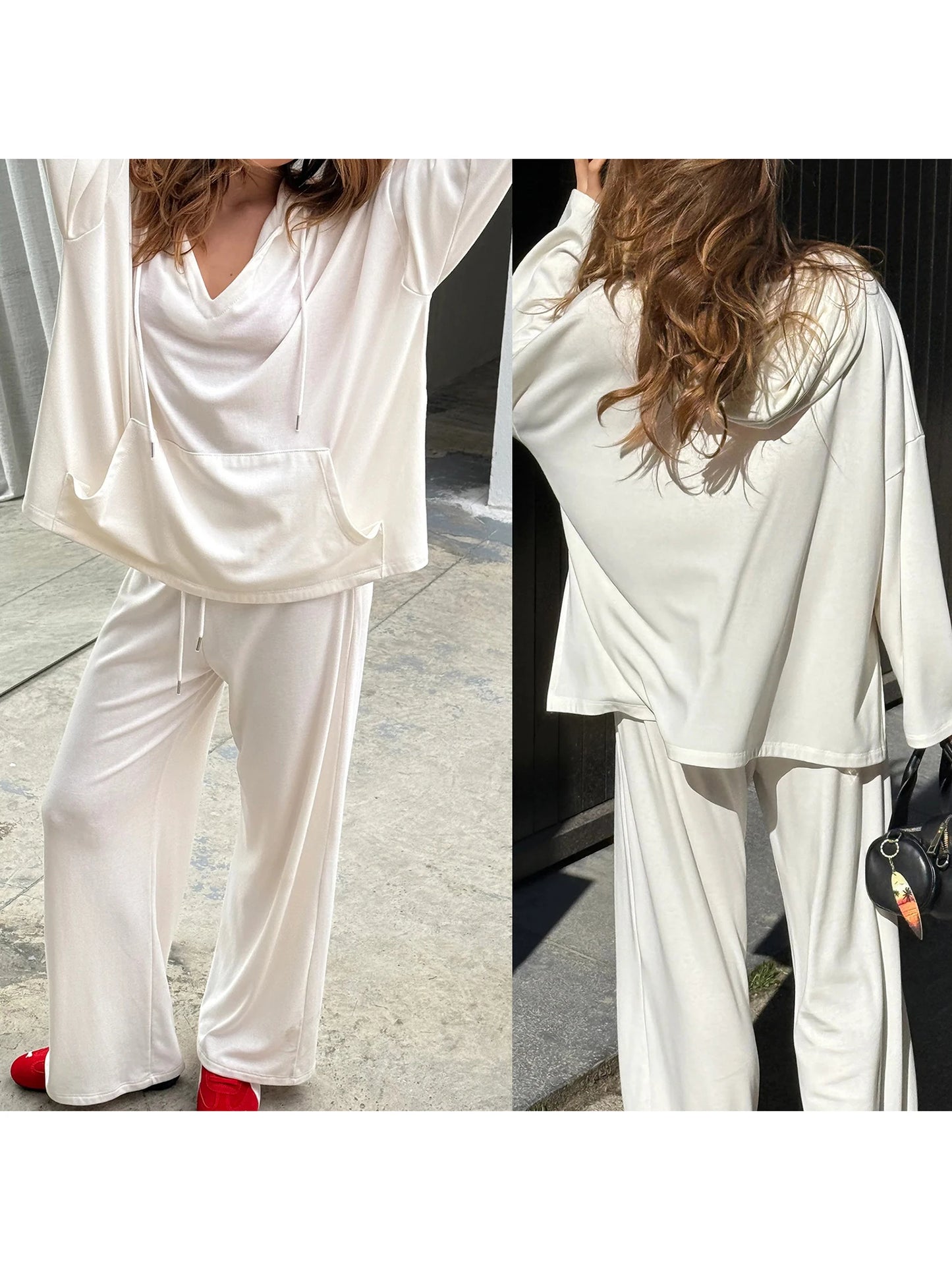 Women s Two-Piece Outfit Long Sleeve Hoodie and Pants Set in Solid Color with Convenient Pockets for Activewear