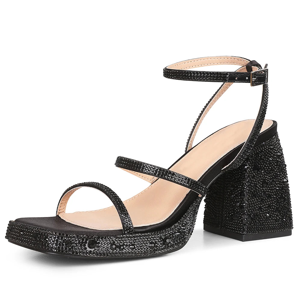 GIGIFOX Shiny Crystals Women Sandals Platform Chunky High Heel Ankle Strap Buckle Strap Shoes Sexy Elegant Dress Party Sandals