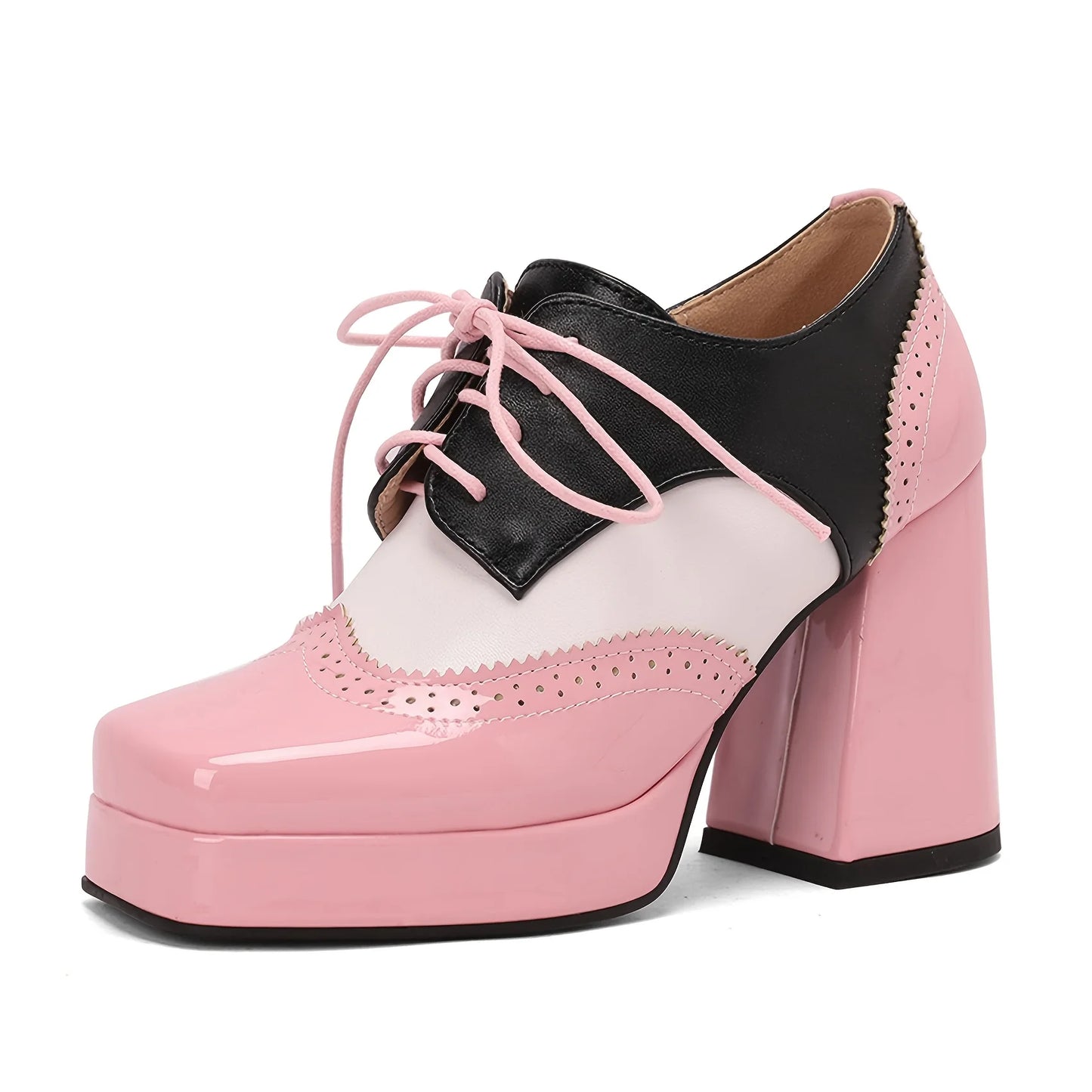 Women's Square Toe Lace-Up Brogue Pumps Fashion Block High Heels Mixed Colors Patchwork British Style Pumps Woman Oxford Shoes