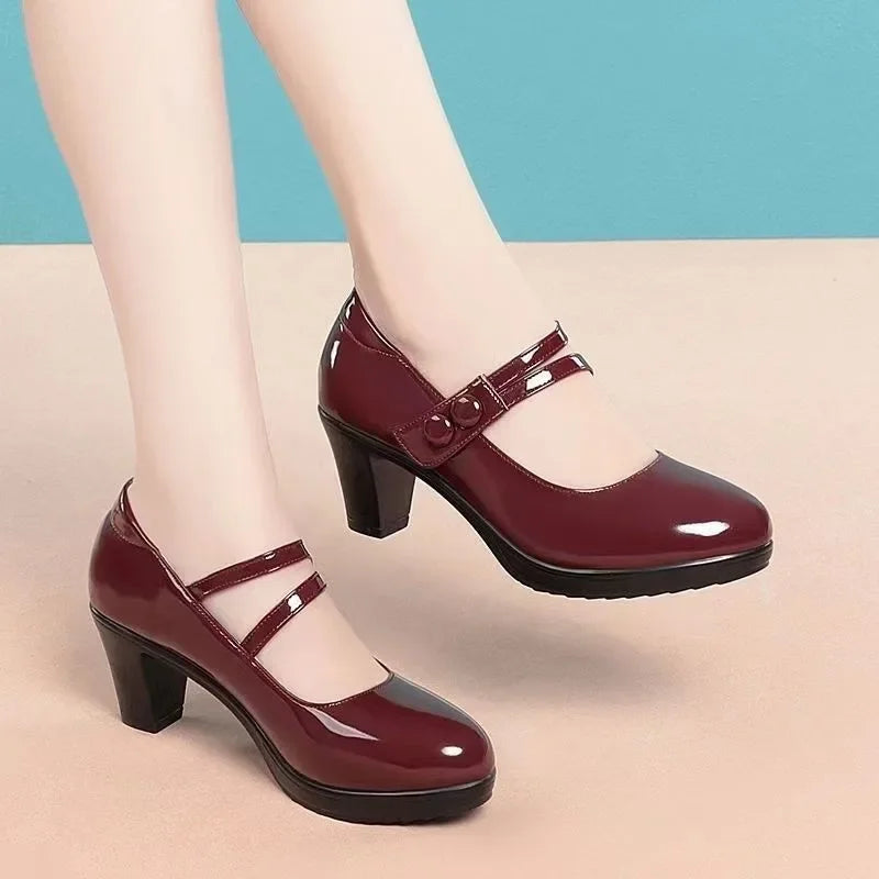 Fall 2025 Women's Low Cut Single Shoes High Heel Buckle Strap Thick Heel Qipao Show Mom Shoes round Toe Rubber Outsole PU Leathe