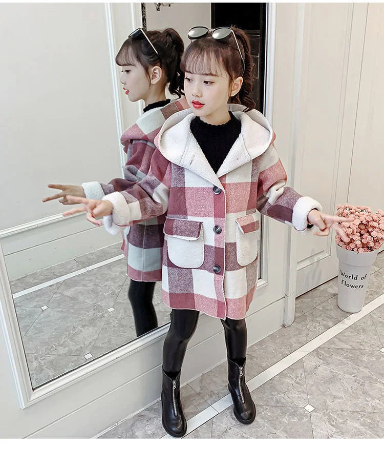 Fashion Girls clothing Jackets Autumn Winter parka Clothes Medium Long coat windbreaker Plaid Thicken Lamb Children Woolen Coats