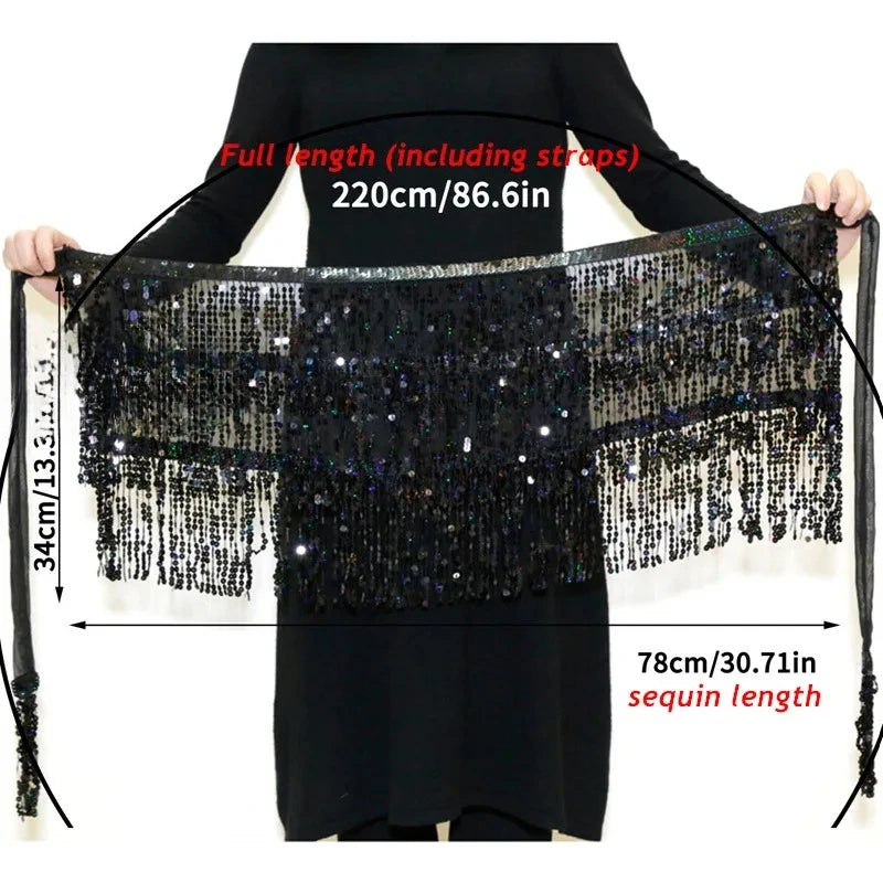 Latin Dance Hula Short Skirt Dress Stage Carnival Party Performance Hip Scarf Three-Layer Tassel Belly Dance Sequins Waist Chain