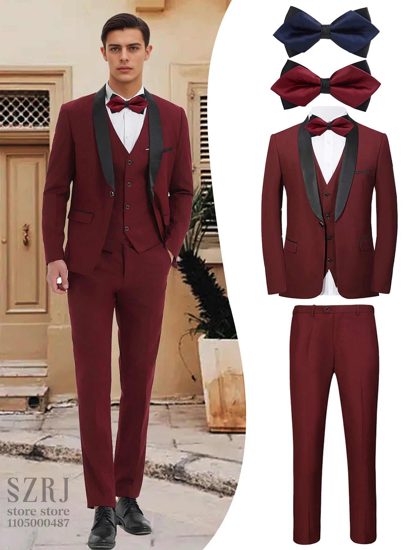 Men's 5-Piece Business Suit Set: Jacket+Vest+Pants+2 Bow Ties (Red+Blue).Premium, Tailored， For Parties, Weddings, Business.