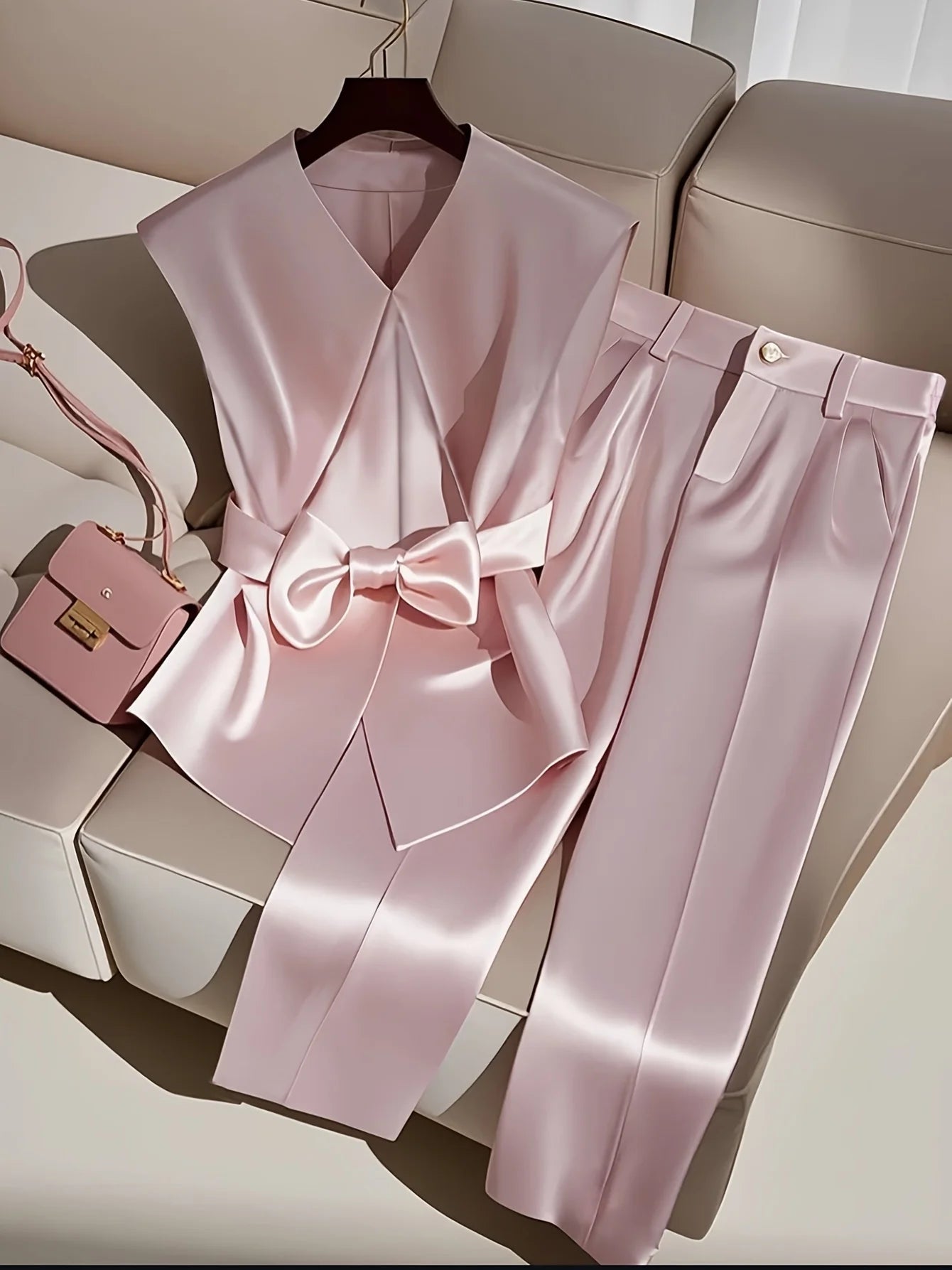 Fashionable, elegant, simple solid color sleeveless romantic date top and trousers two-piece set