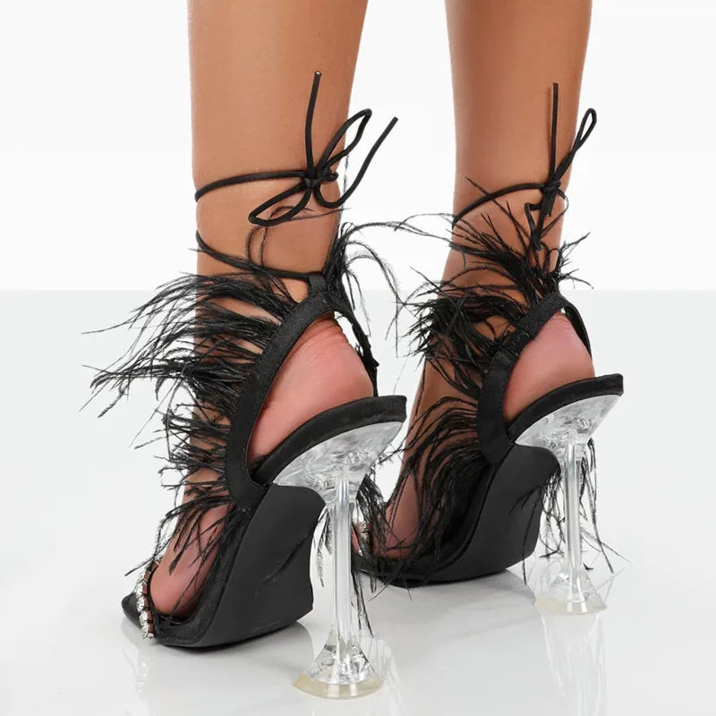 New Women's High-Heeled Sandals Rhinestone Cross-Strap Square Toe Sexy Stiletto Feather Sandals Ladies Fashion Party Shoes