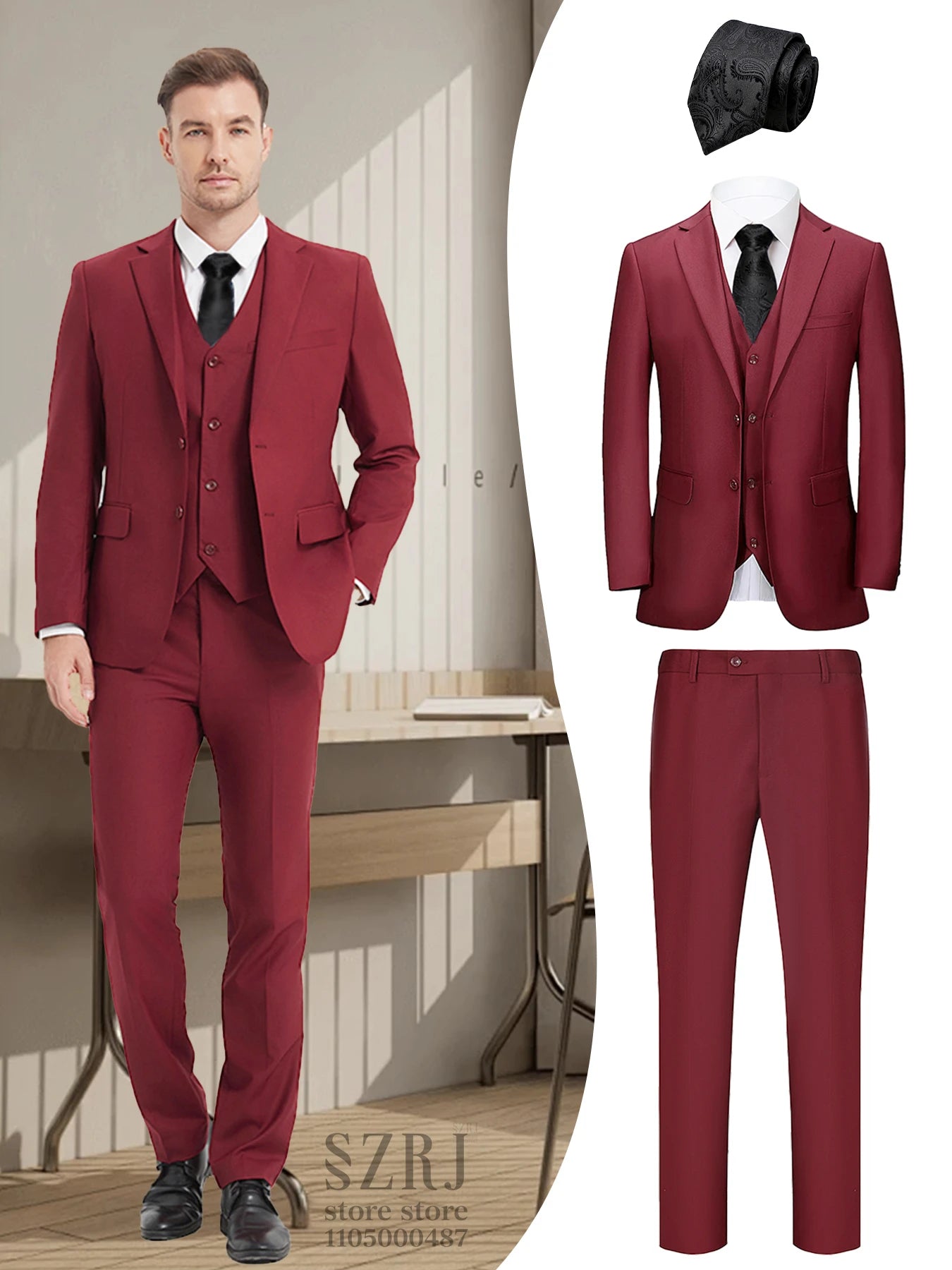 Men's 4-Piece Suit: Jacket+Vest+Pants+Black Tie. V-Neck, Gentleman Style, Premium, Tailored. For Business, Parties, Weddings.