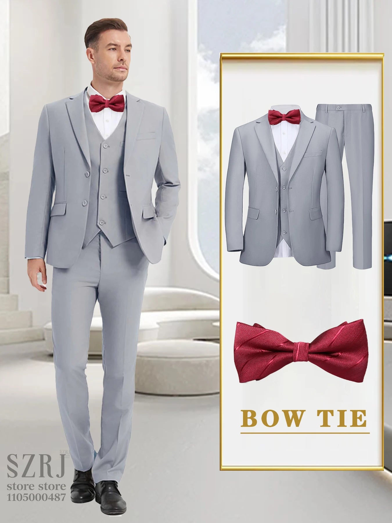 4-piece men's suit: jacket+vest+pants+red tie, comfortable fabric, exquisite cutting, suitable for weddings/business/banquets