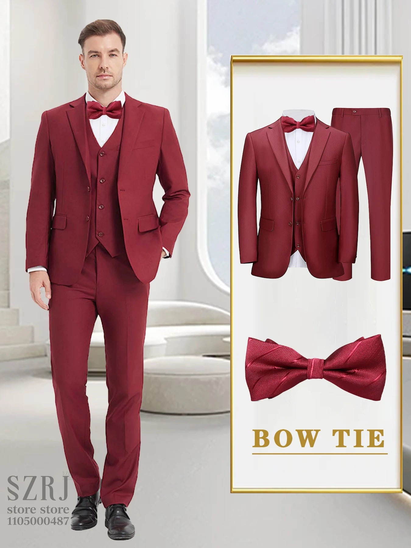 4-piece men's suit: jacket+vest+pants+red tie, comfortable fabric, exquisite cutting, suitable for weddings/business/banquets