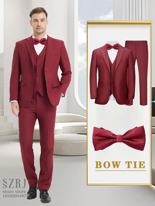4-piece men's suit: jacket+vest+pants+red tie, comfortable fabric, exquisite cutting, suitable for weddings/business/banquets