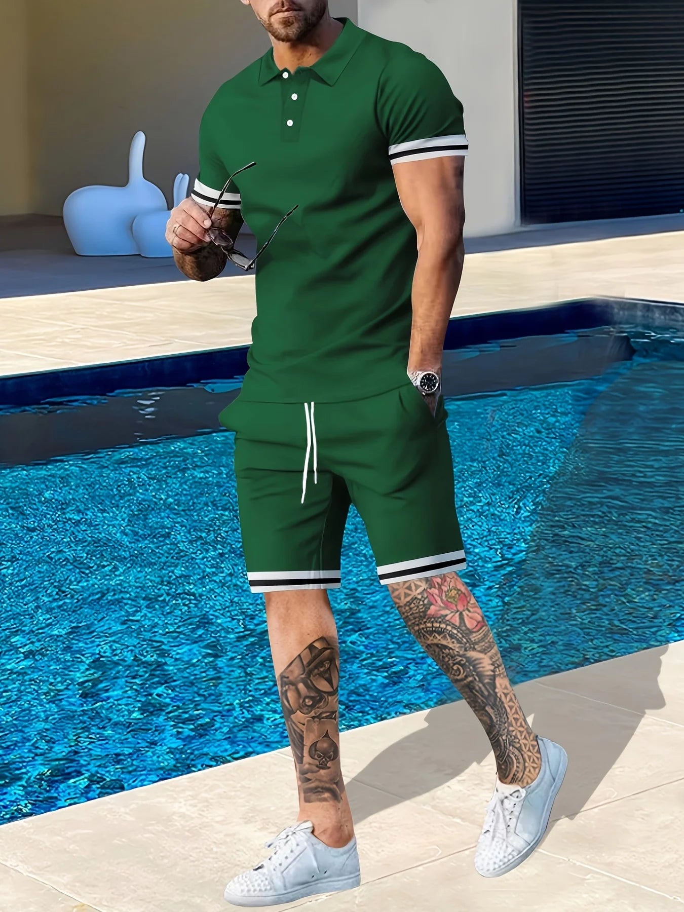 Men's Summer Short Sleeve Suit Polo Shirt Short Sleeve Shorts Athleisure Two-Piece Set Suitable For Everyday Travel