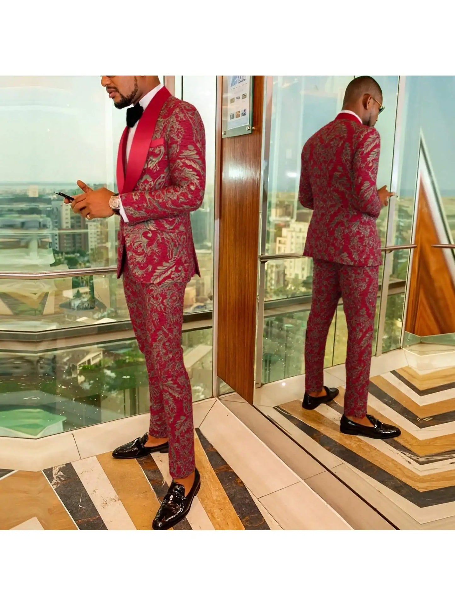 Mens Suit Jacquard Silm Fit 2-Piece Shawl Lapel Tuxedo Wedding Party Prom Suit Set