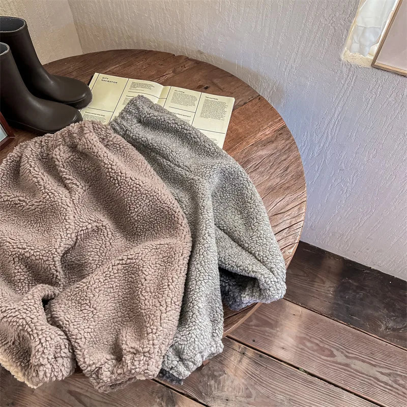 2025 Winter New Children Warm Trousers Baby Loose Lamb Fleece Pants Toddler Girls Casual Pants Solid Baby Boys Harem Pants