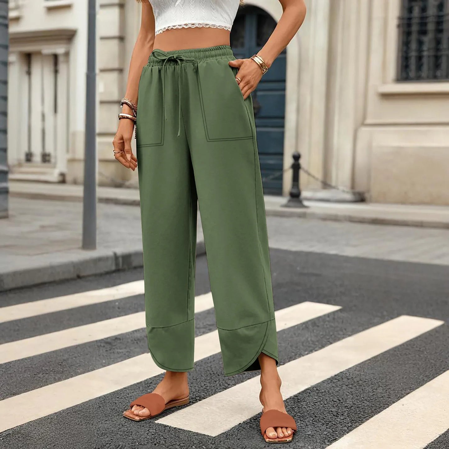 Women'S Fashion Loose Solid Color High Waist With Pockets Athletic Casual Pants Cargo Pants Women Pantalones De Mujer Hot