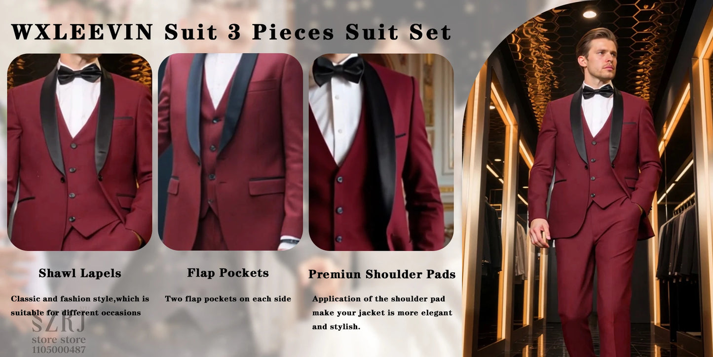 4pcs Men's Suit: Blazer, Vest, Pants, Black Tie.  One Button, Plain Color Tuxedo. Regular Fit. For Wedding, Groomsman Attire.