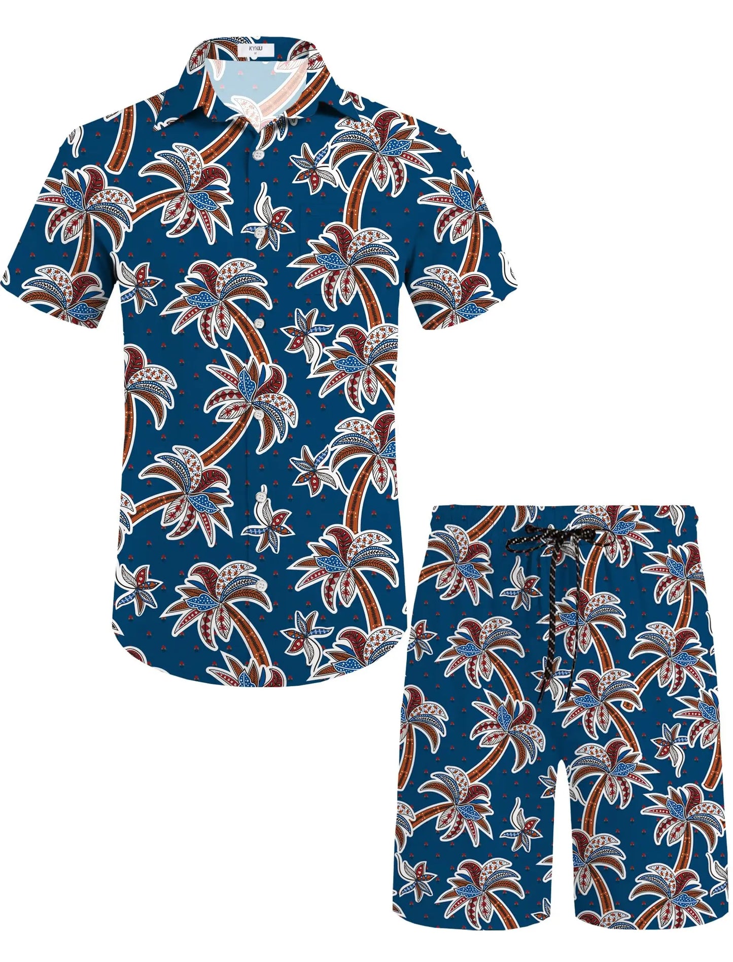 KYKU Mens Hawaiian Shirt and Short Set - Summer Short Sleeve Button Down Beach Shirts Tropical Vacation 2 Piece Outfits