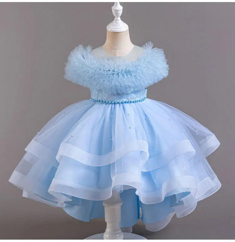 Fashion Solid Color Girl Evening Gown Lace Mesh Sleeveless Party Dress for Kids Girl Summer Children Girls Party Dress 3-12Years