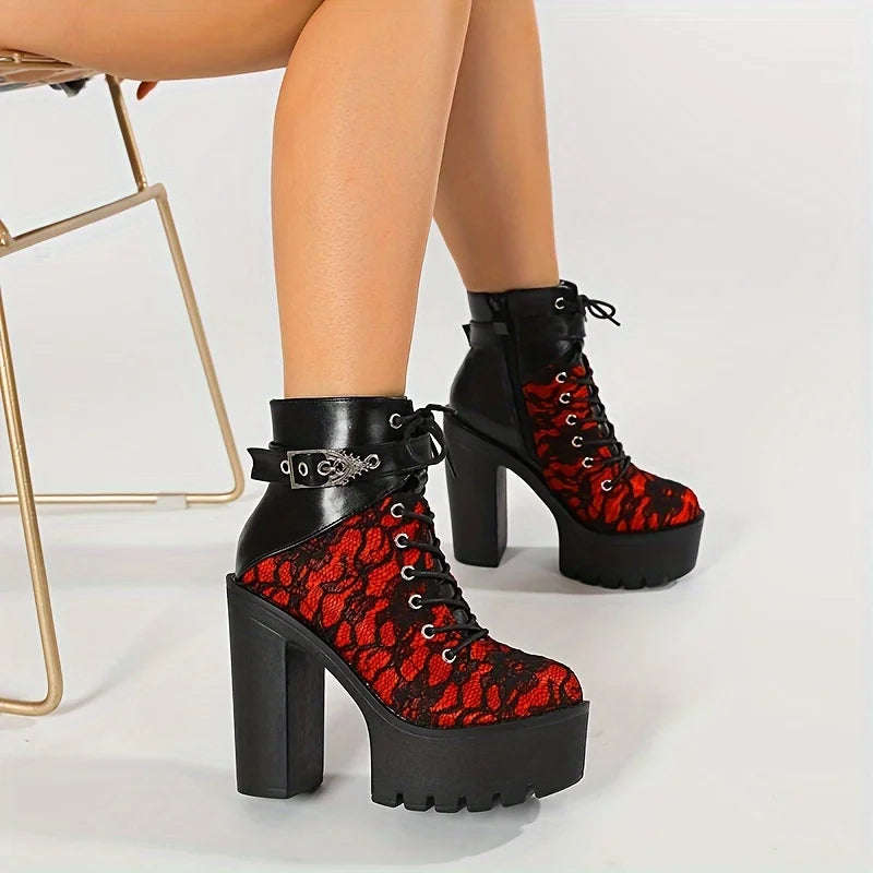 Women's Y2K Goth Punk Platform Ankle Boots Fashion Block Chunky High Heels Buckle Lace-Up Side Zipper Party Cosplay Boots Woman