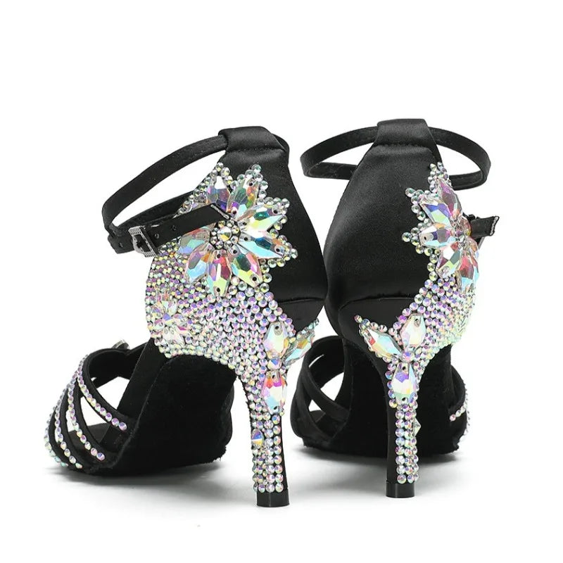 New Diamond Studded Satin High Heels Dance Shoes Fashion Black Brown Crystal Rhinestone Sparkling Latin Dance Performance Shoes