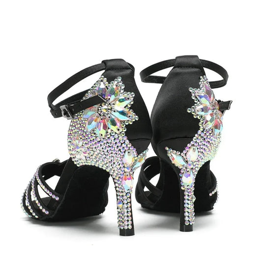 New Diamond Studded Satin High Heels Dance Shoes Fashion Black Brown Crystal Rhinestone Sparkling Latin Dance Performance Shoes