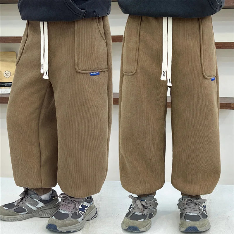 Boys Girls Fleece Line Pants Winter Children Thick Velvet Warm Trousers Autumn New Girls Elastic Solid Casual Sweatpants 2-12Y