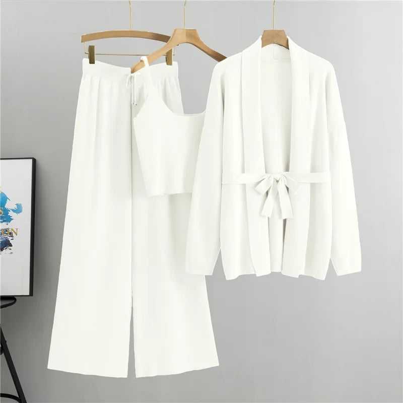 2025 Loose Casual Fashion Set Elegant Women's Spring And Autumn Knitted Cardigan Jacket Camisole Wide Leg Pants Three Piece Set
