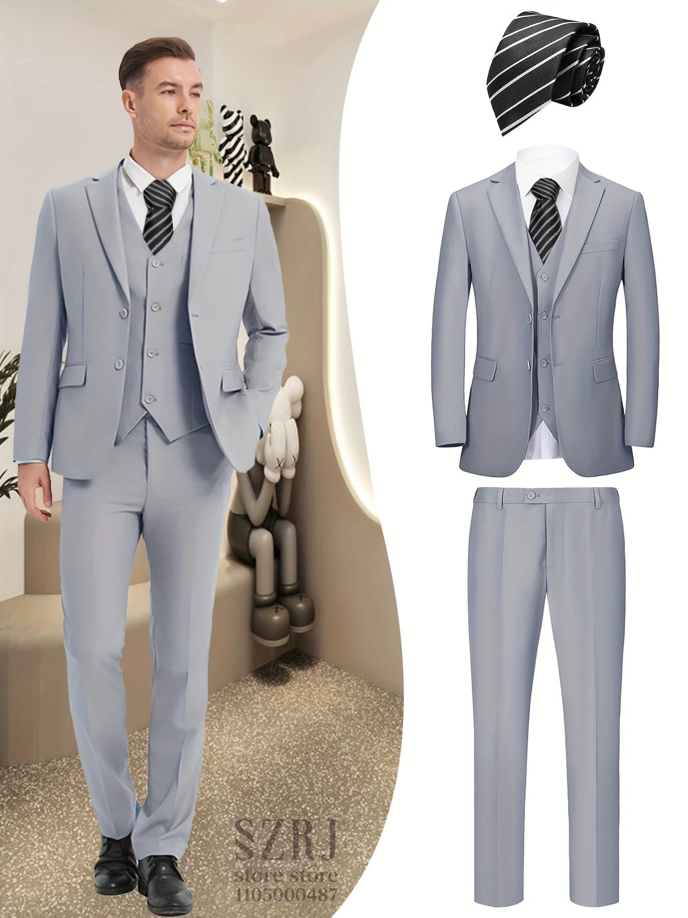 Men's 4-Piece Suit: Jacket+Vest+Pants+Black Tie. V-Neck, Gentleman Style, Premium, Tailored. For Business, Parties, Weddings.