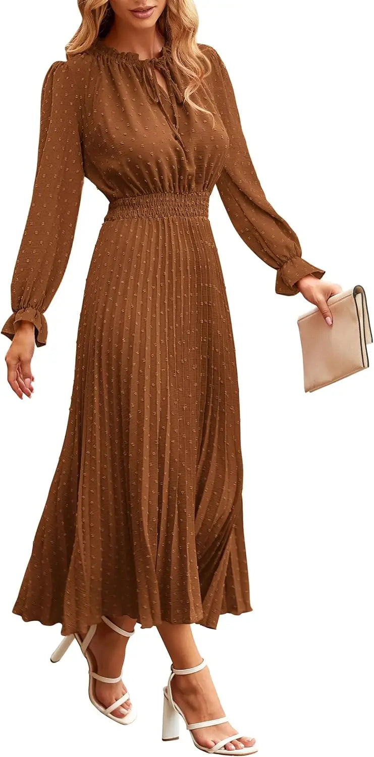 Women's Spring Fall Midi Dress Casual Long/Short Sleeve Elegant and fashionable V Neck Swiss Dot Pleated A Line Flowy Dresses