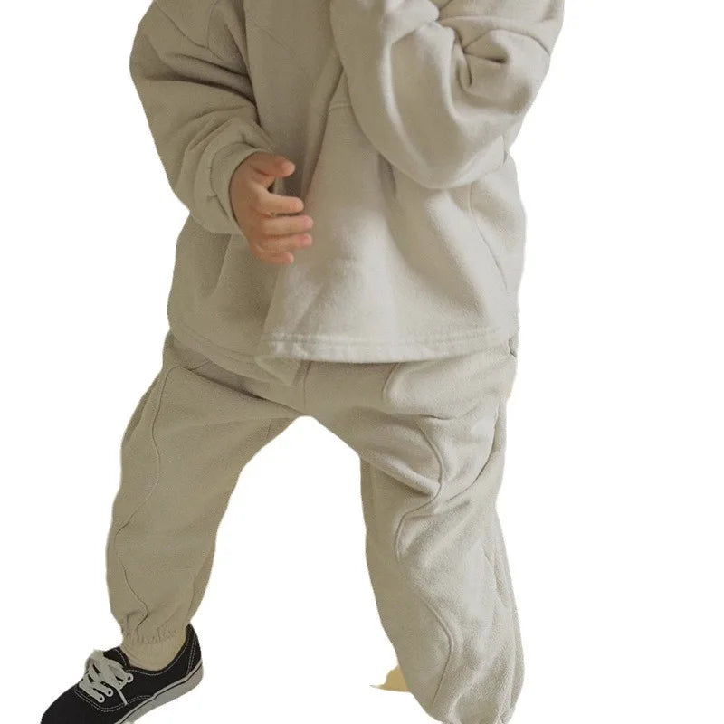 2025 Winter New Children Plus Velvet Thick Clothes Set Solid Boys Girls Fleece Sweatshirt + Pants 2pcs Suit Kids Warm Outfits