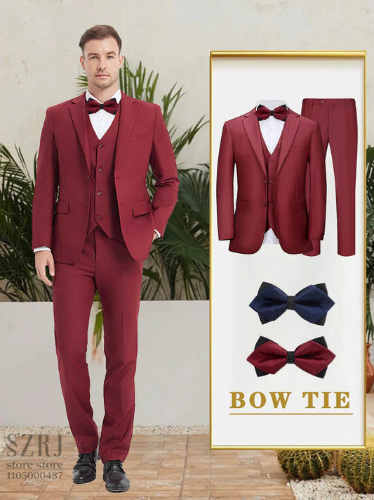 Men's 5-Piece Business Suit Set: Jacket+Vest+Pants+2 Bow Ties (Red+Blue).Premium, Tailored， For Parties, Weddings, Business.
